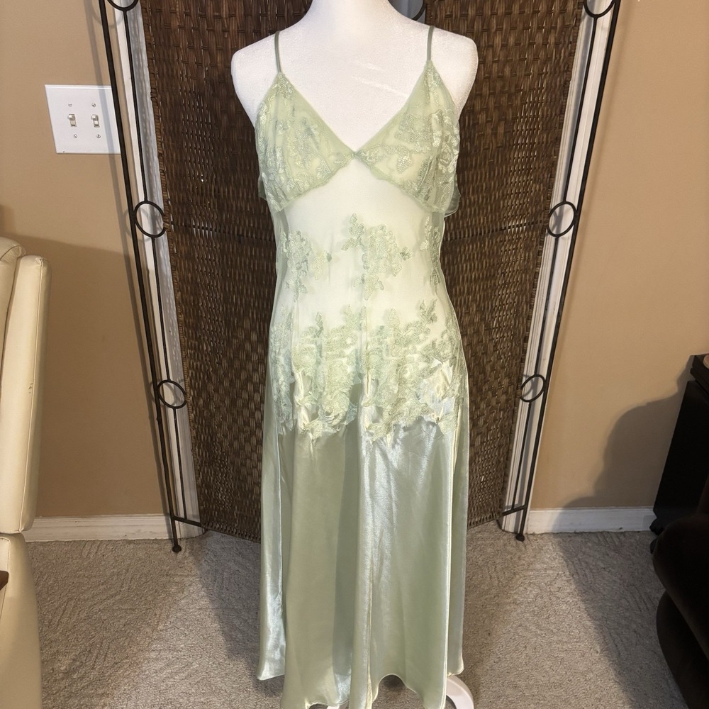 Madison Intimates Pale Sage Green Satiny Floral Lace Lingerie Slip Dress Sz M